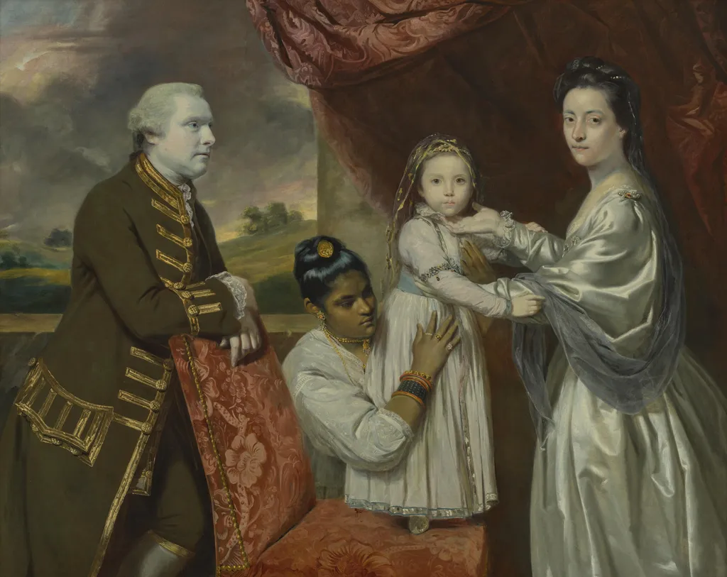 Tysoe Saul Hancock, his wife Philadelphia, their daughter Elizabeth and their Indian maid Clarinda, by Joshua Reynolds, oil, 1766
