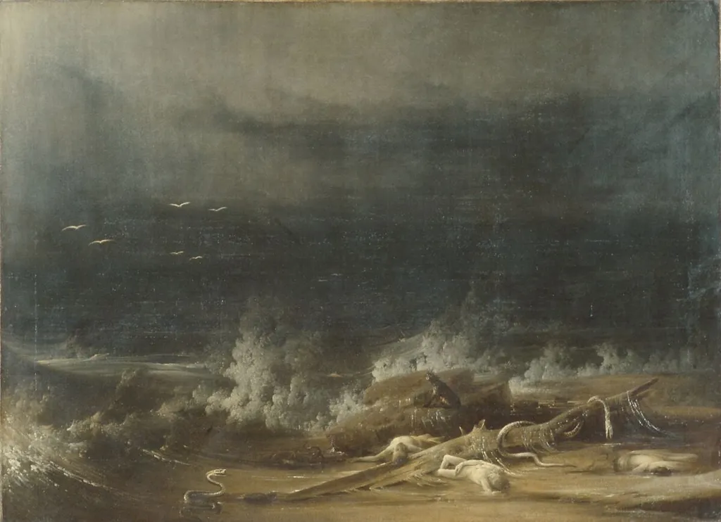 The Deluge towards Its Close, by Joshua Shaw|Washington Allston, oil, 1813