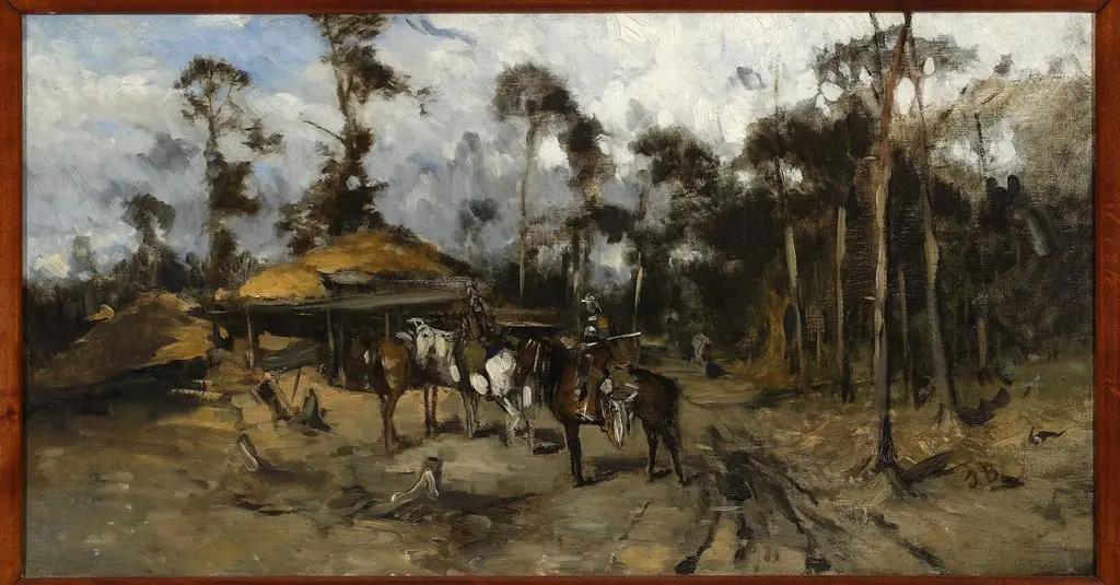 Horsemen in the woods, sketch, by Józef Brandt