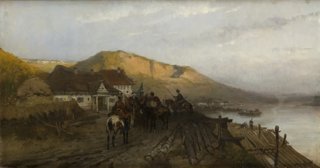 On the Dniester River, by Józef Brandt, oil, 1875
