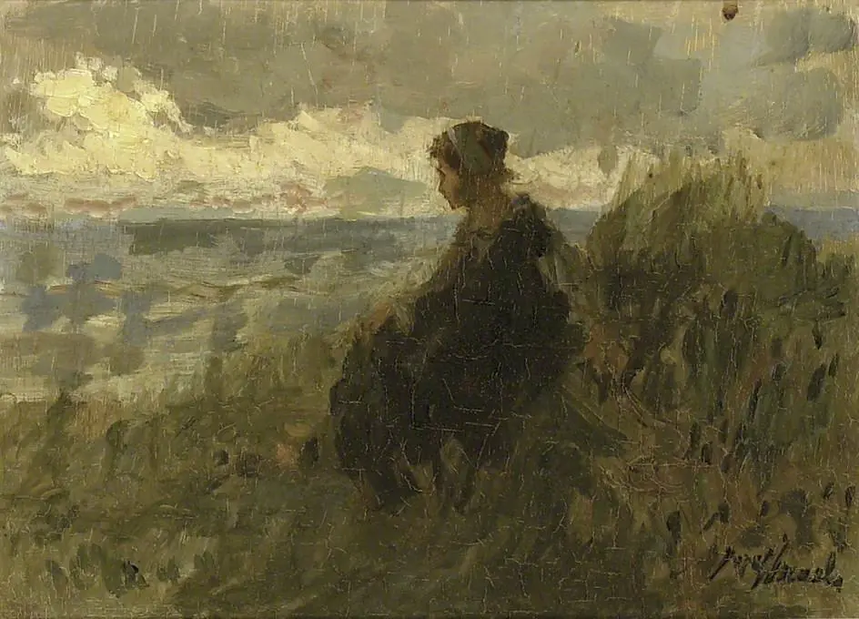 A Fishergirl on a Dune, knitting, by Jozef Israëls