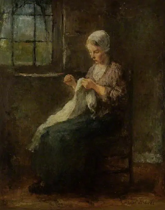 A young girl sewing, seated at a window, by Jozef Israëls
