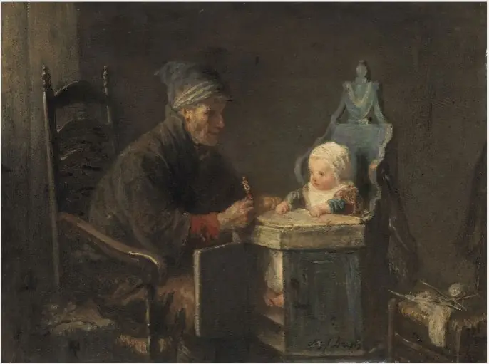 An Old Man with a Child in a Highchair, by Jozef Israëls
