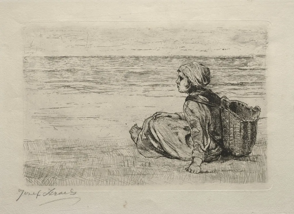 Girl with basket seated on the shore, by Jozef Israëls, 1879