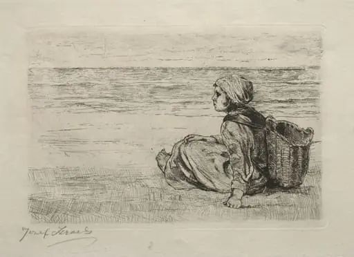 Girl with basket seated on the shore, by Jozef Israëls