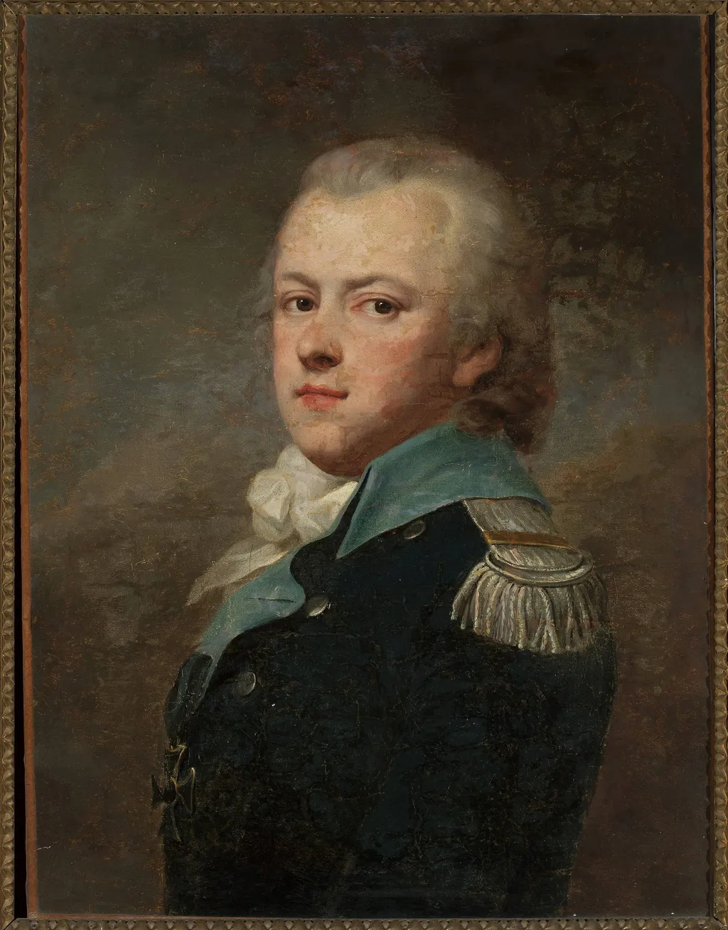 Portrait of Jan Krasicki, Rogala coat of arms (ca. 1764–1831) in a dark blue uniform jacket of the 14th Potocki Infantry Regiment, by Józef Pitschmann, oil, 1796