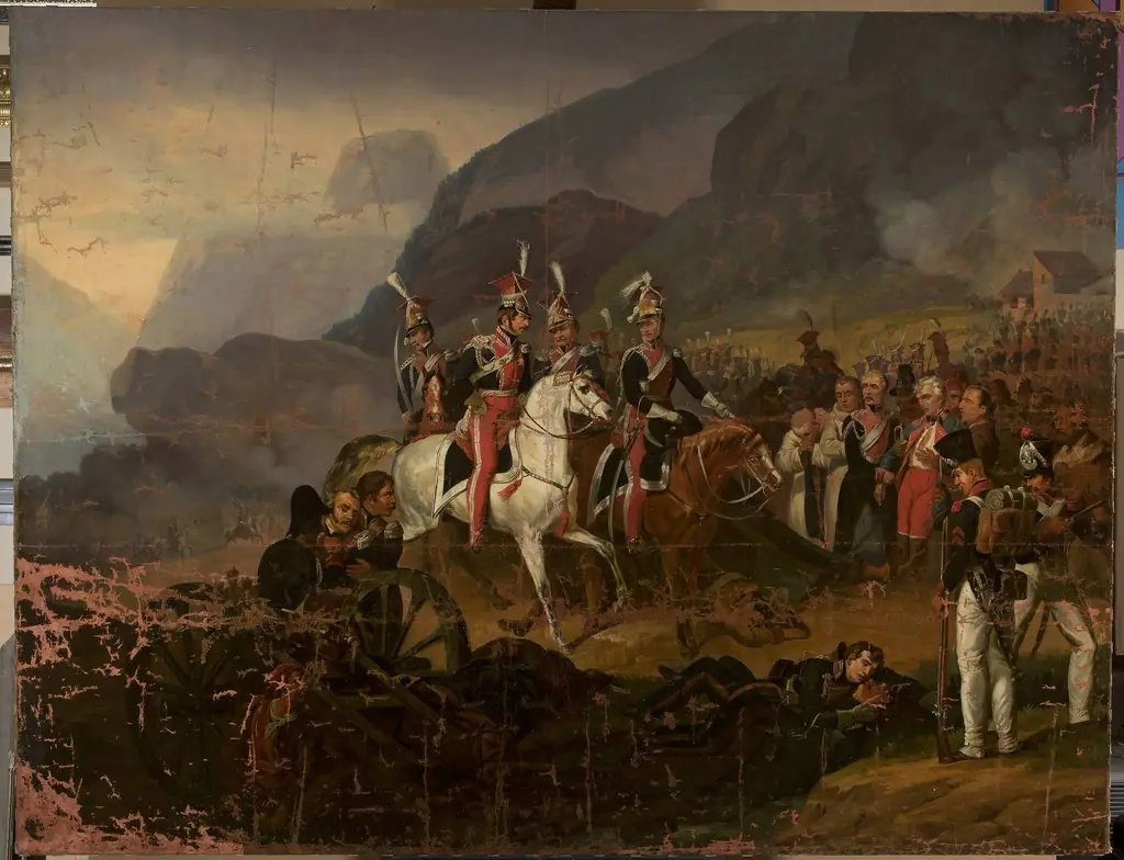 Battle scene: Wincenty Krasiński receives the report from Kozietulski after the battle of Somosierra (copy, after Horace Vernet), by Józef Polkowski