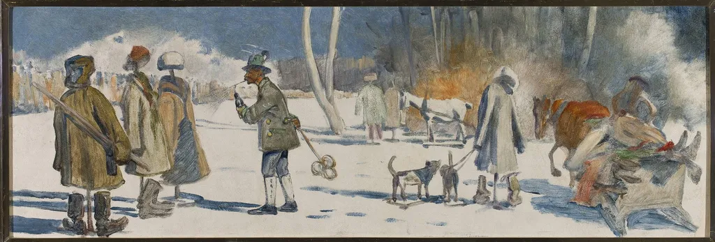 Caricature of the painting by Julian Fałat, by Józef Ryszkiewicz, oil, 1925