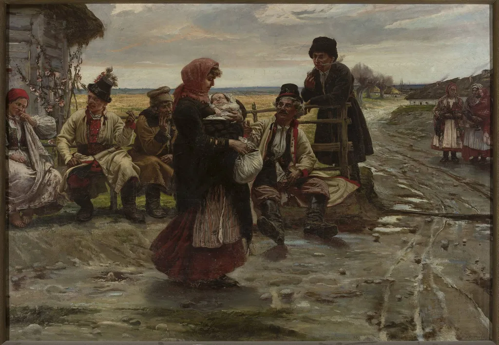 At the entrance to a tavern, by Józef Unierzyski, oil, 1896