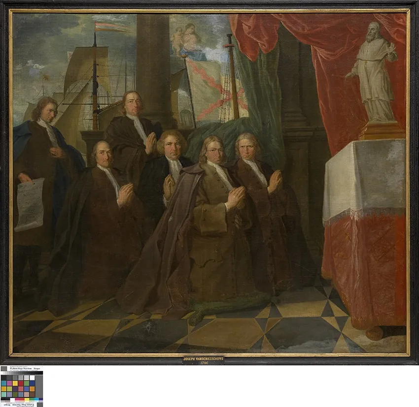 Six members of the Bruges Guild of Seamen before their Patron Saint Clement, by Jozef van den Kerckhove, oil, 1706