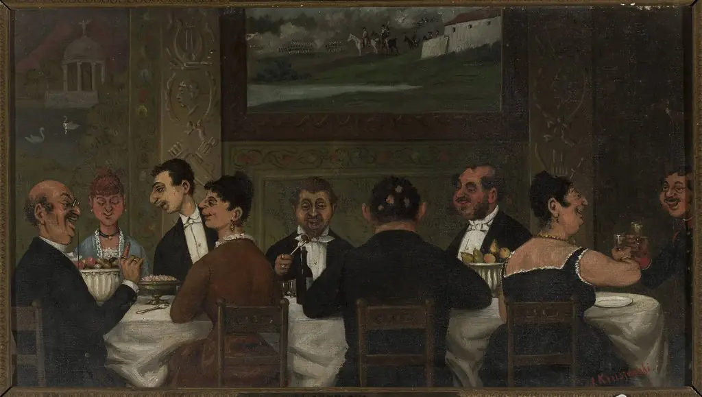 Dinner party at a wealthy Jewish house in Kraków, by Józef Wincenty Kruszewski