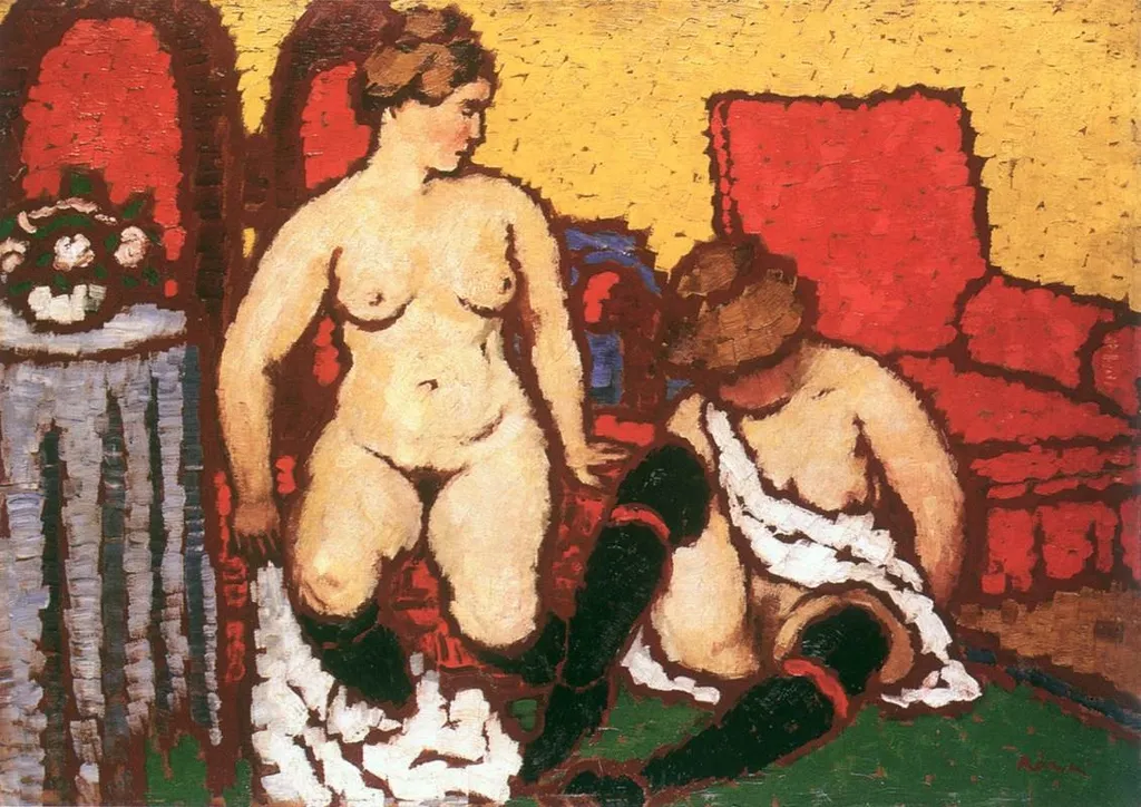 Girls Getting Dressed (Red Furniture and Yellow Wall), by József Rippl-Rónai, oil, 1912