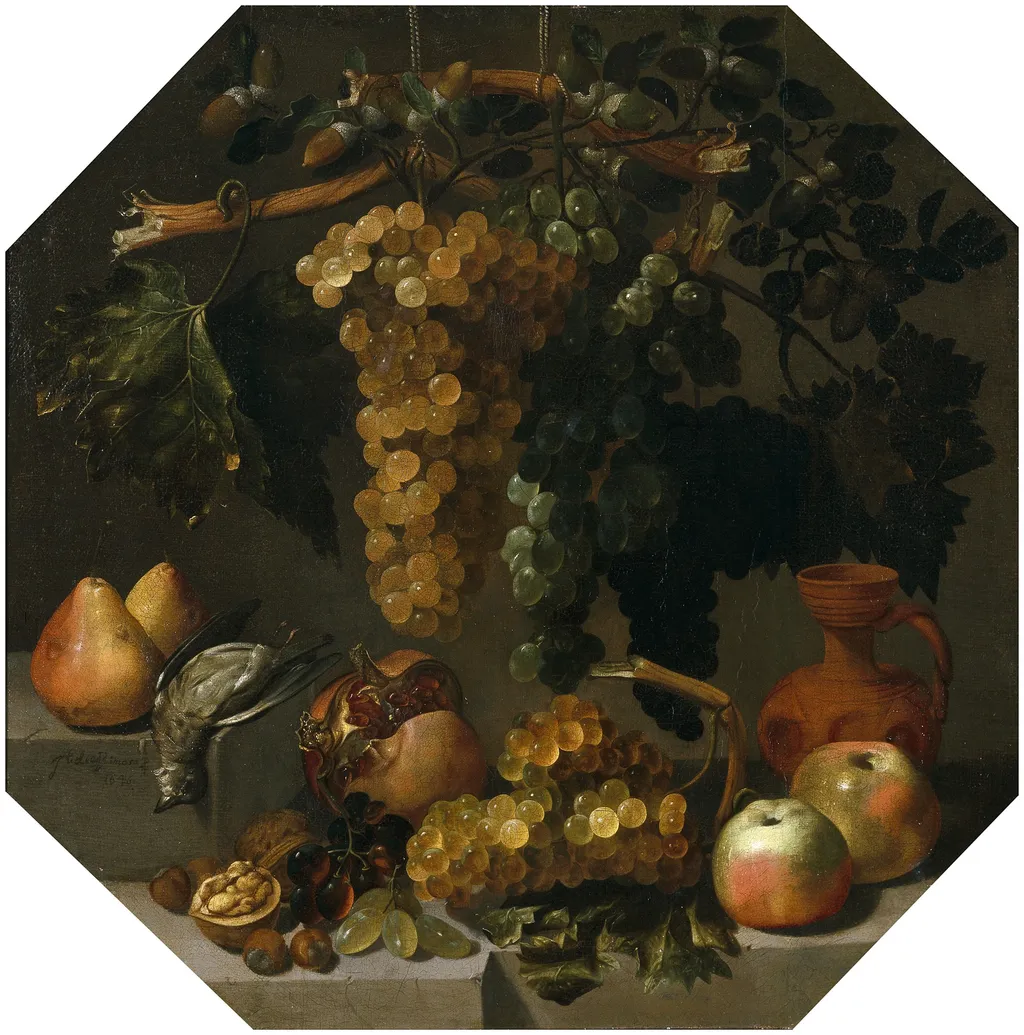 Octagonal Still Life with Bunches of Grapes, by Juan Bautista de Espinosa, oil