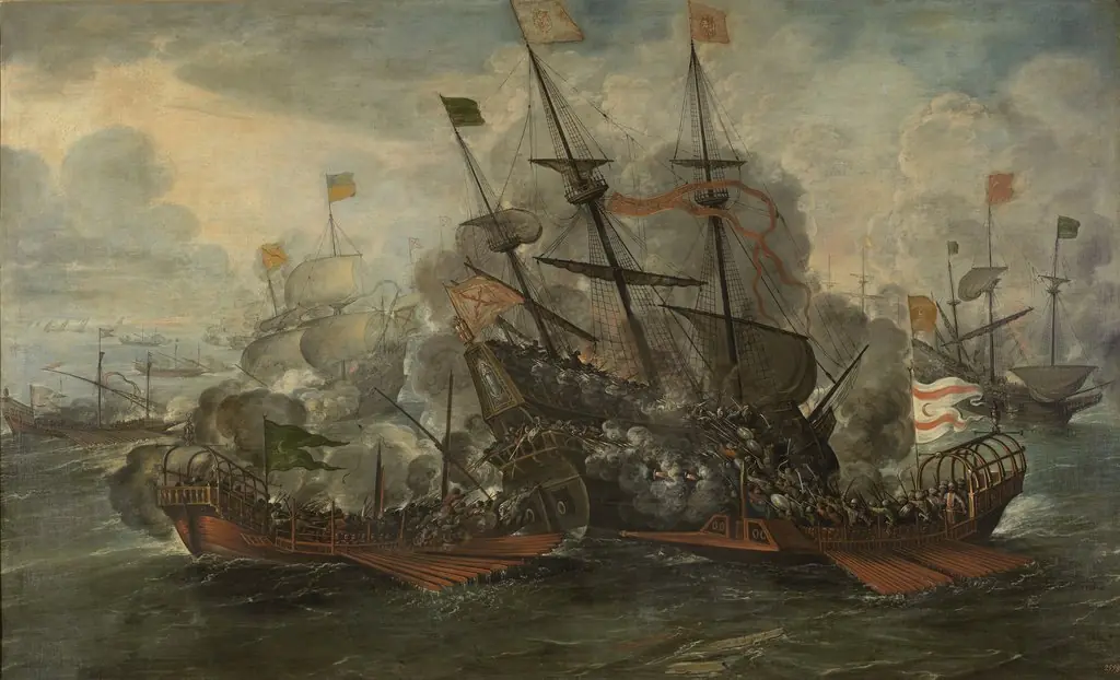 A naval battle scene between the Spaniards and Turks.