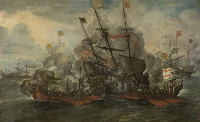 A naval battle scene between the Spaniards and Turks.