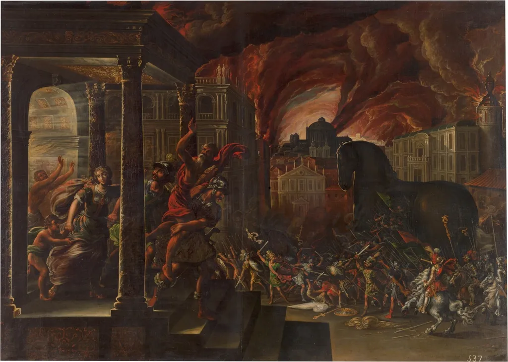 Aeneas and his family fleeing the burning city of Troy, with the Trojan horse in the background, by Juan de la Corte, oil, 1601