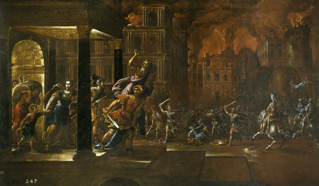 Aeneas flees the burning Troy with his family, by Juan de la Corte, oil, 1601