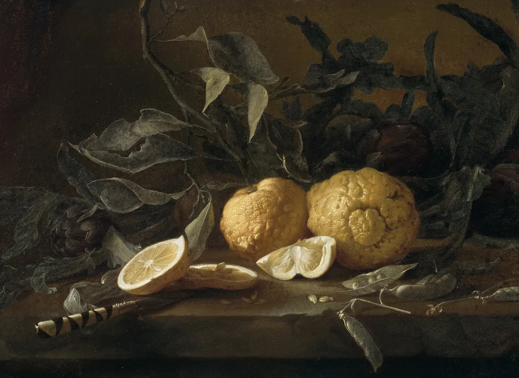 A Still Life with Citrons, a Knife and Peapods on a Stone Ledge, by Juan Fernández el Labrador, oil, 1637