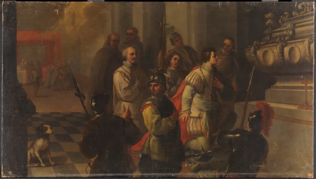 Curación y acción de gracias del príncipe don Carlos. Serie de la Vida de San Diego de Alcalá, by Juan García de Miranda, oil, 1729