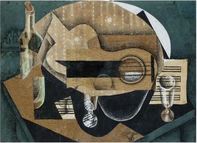 A Guitar, Glasses and a Bottle, by Juan Gris