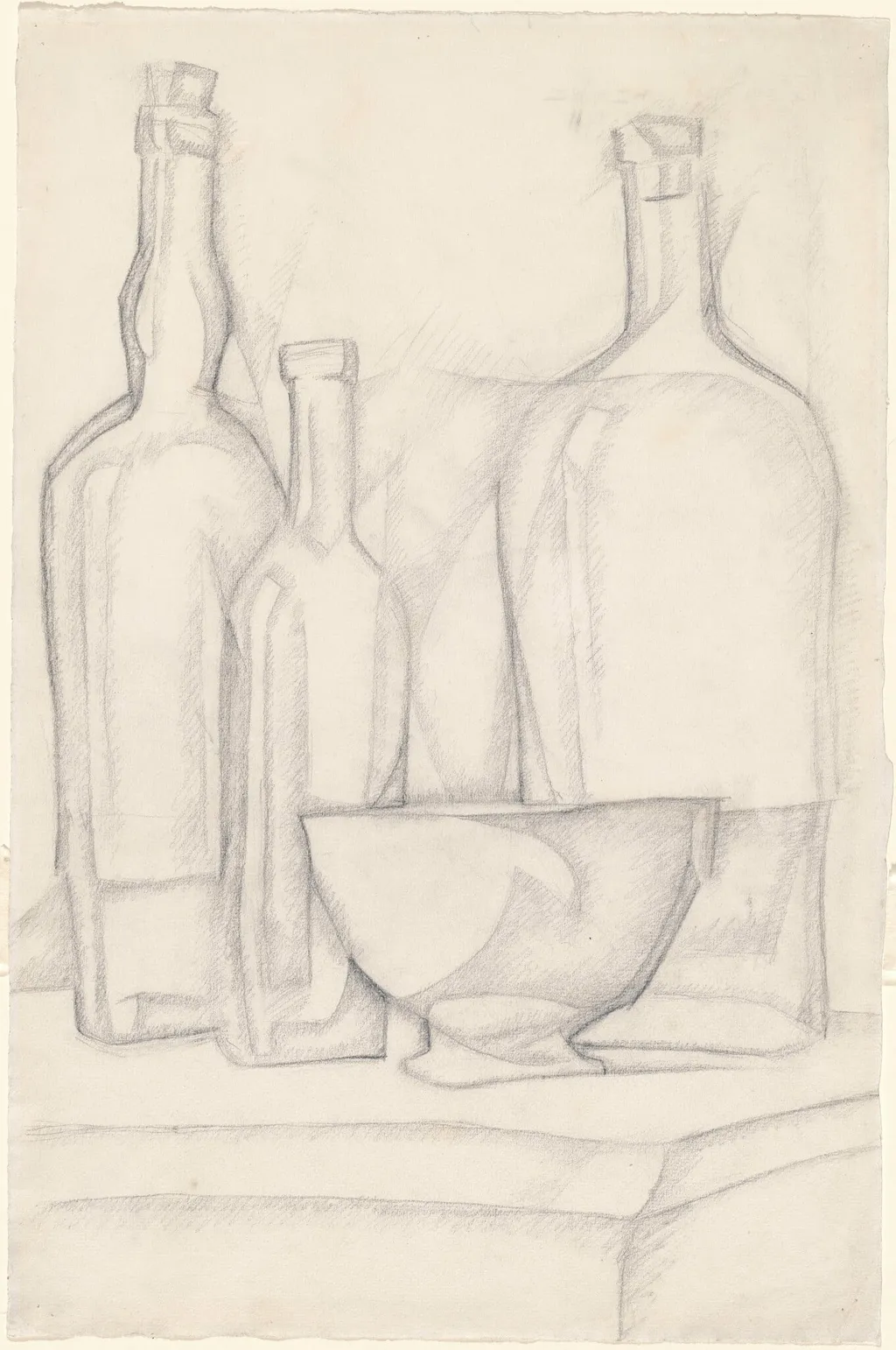 Bottles and Bowl, by Juan Gris, graphite, 1911