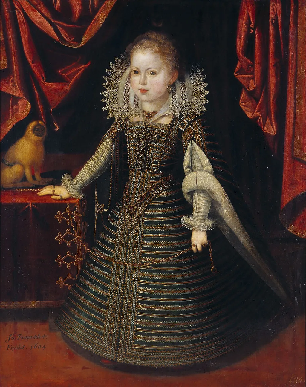 Infantin Anna (1601-1666), Königin von Frankreich, Bildnis in ganzer Figur mit einem Löwenäffchen, by Juan Pantoja de la Cruz, oil, 1604
