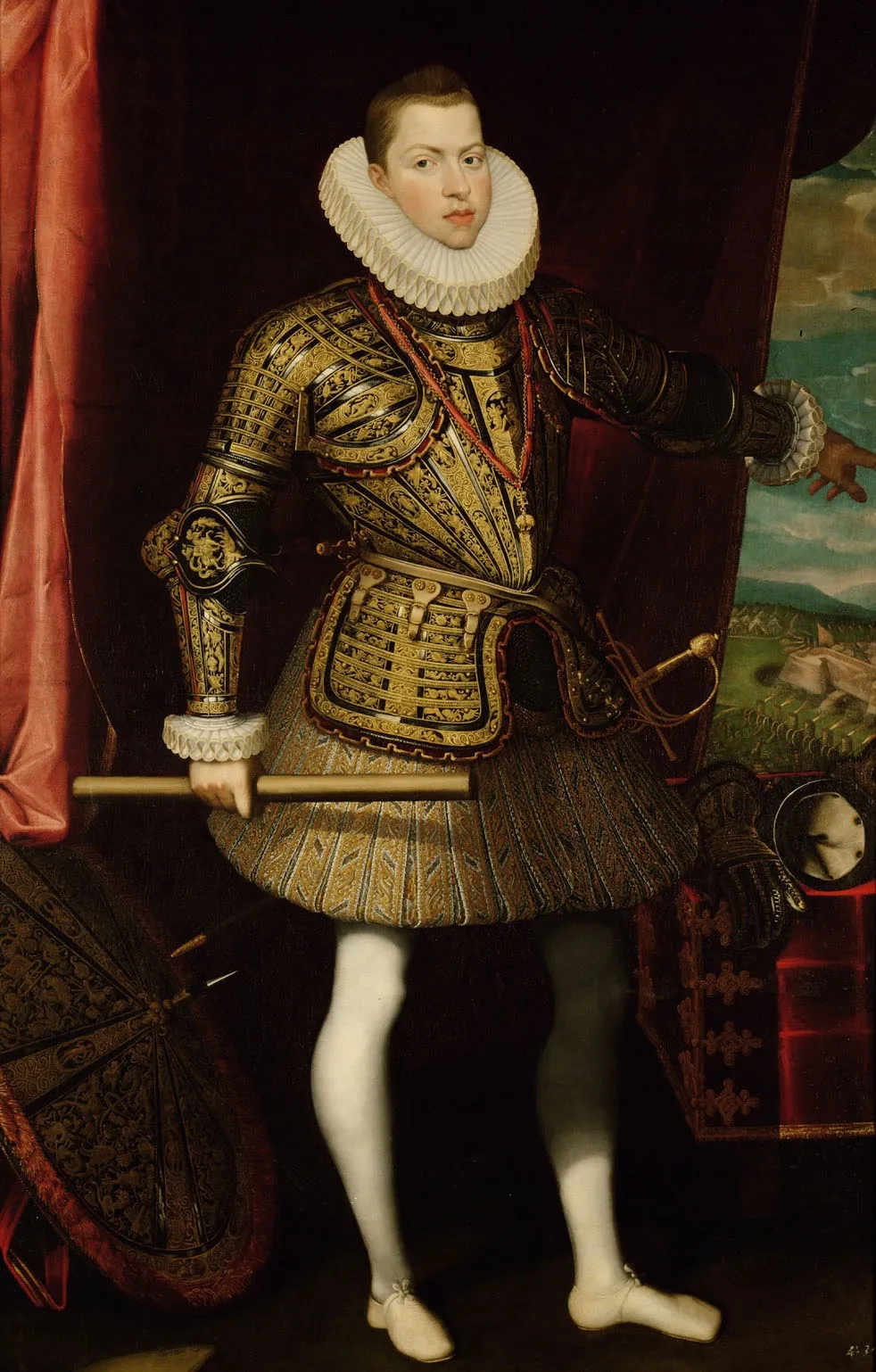 König Philipp III.(1578-1621) von Spanien, Bildnis in ganzer Figur als General der Infanterie (Im Hintergrund: Die Belagerung von Ostende 1601-1604), by Juan Pantoja de la Cruz, unspecified, 1601