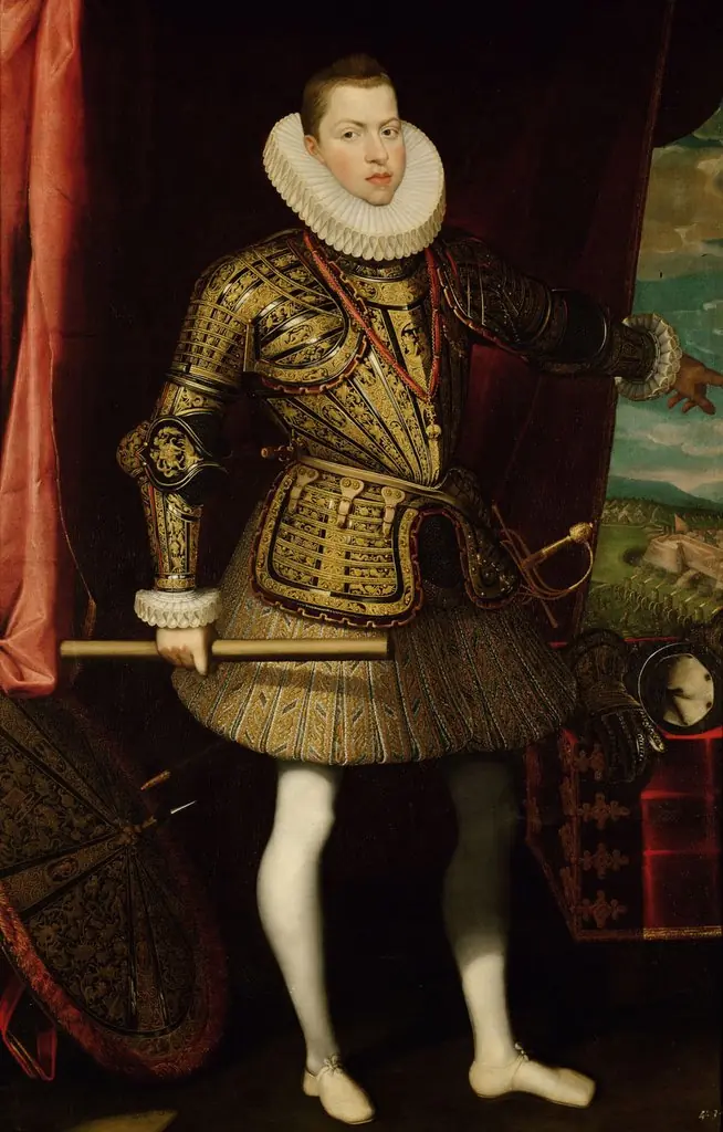 König Philipp III.(1578-1621) von Spanien, Bildnis in ganzer Figur als General der Infanterie (Im Hintergrund: Die Belagerung von Ostende 1601-1604), by Juan Pantoja de la Cruz