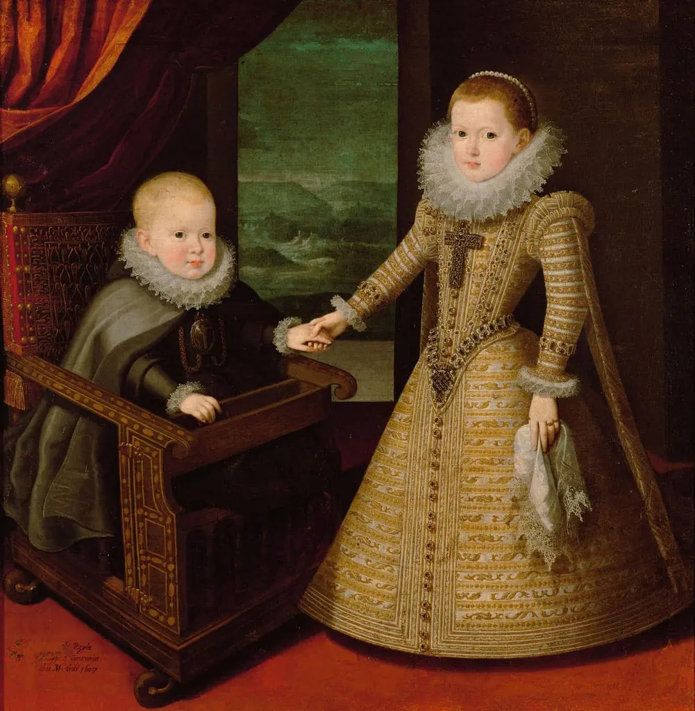 König Philipp IV. von Spanien (1605-1665) in geistlichem Gewand und seiner Schwester Infantin Anna (1601-1666), Bildnis in ganzer Figur, by Juan Pantoja de la Cruz