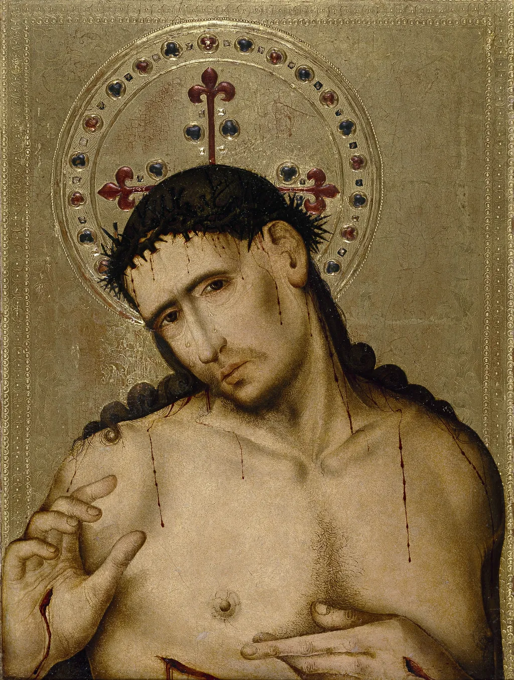 The Man of Sorrows, by Juan Sánchez de San Román, oil, 1500