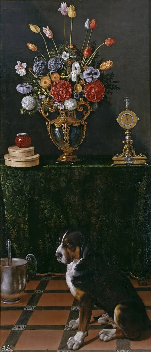 Still Life with a Vase of Flowers and a Dog, by Juan van der Hamen, oil, 1625