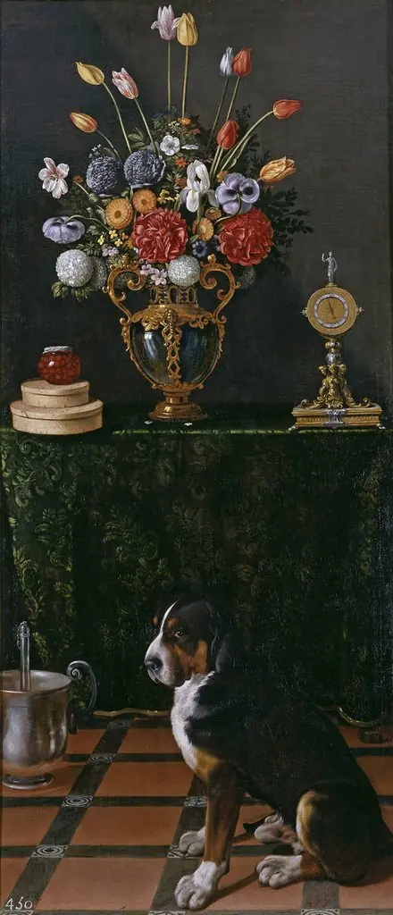 Still Life with a Vase of Flowers and a Dog, by Juan van der Hamen