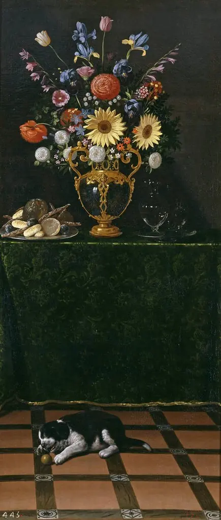 Still Life with a Vase of Flowers and a Puppy, by Juan van der Hamen