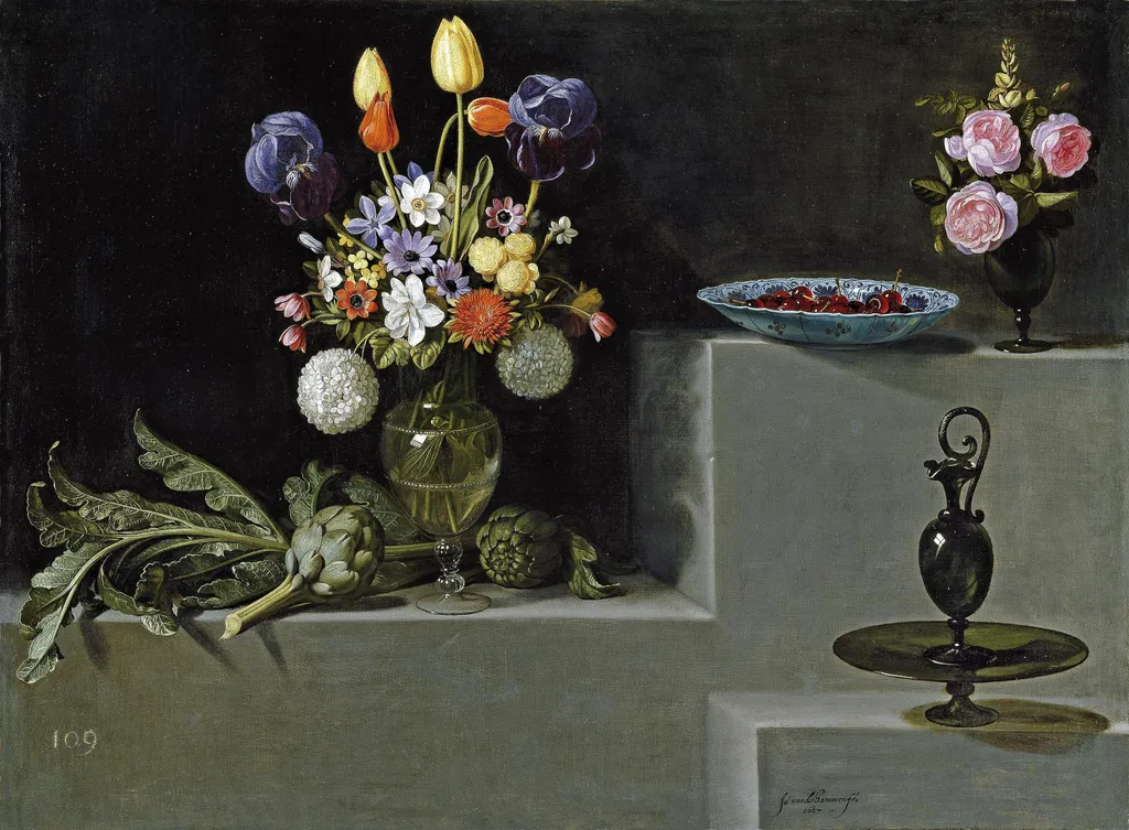 Still life with Artichokes, Flowers and glass Vessels, by Juan van der Hamen, oil, 1627
