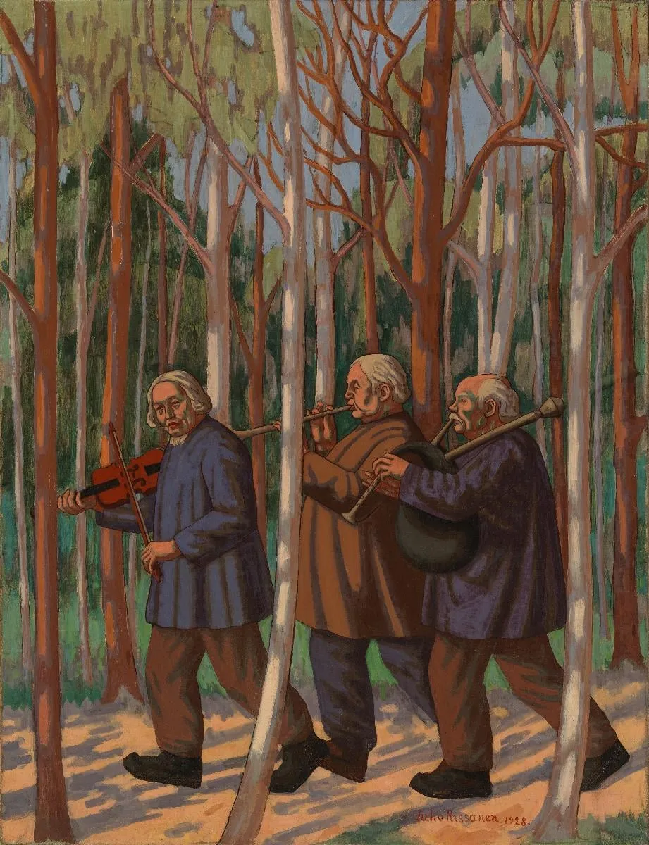 Kolme soittajaa, osaluonnos kansallisteatterin Helkajuhlat freskoa varten, by Juho Rissanen, unspecified