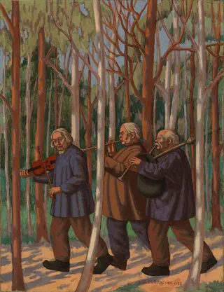 Kolme soittajaa, osaluonnos kansallisteatterin Helkajuhlat freskoa varten, by Juho Rissanen