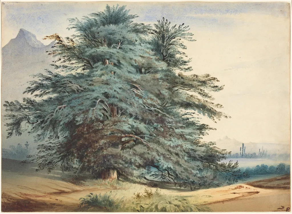 Two Ancient Trees before a Mountain Peak, by Jules Dupré, watercolor, 1830