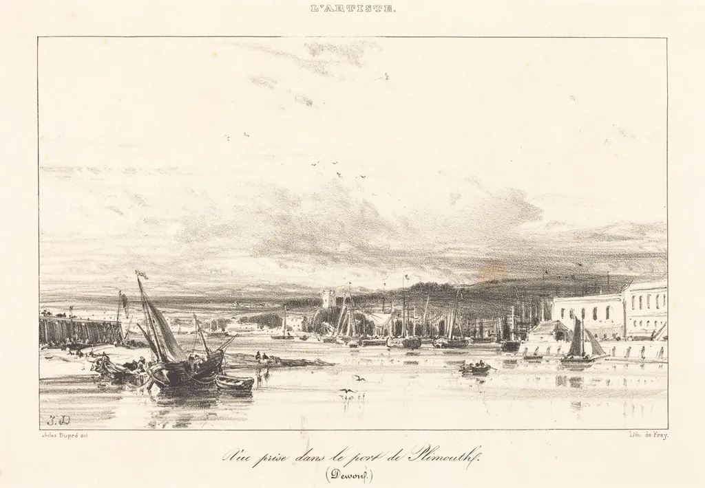 View in Plymouth Port (Vue prise dans le port de Plymouth), by Jules Dupré, ink, 1836