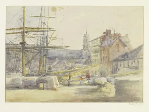 The quayside in a small French port, by Jules Lessore