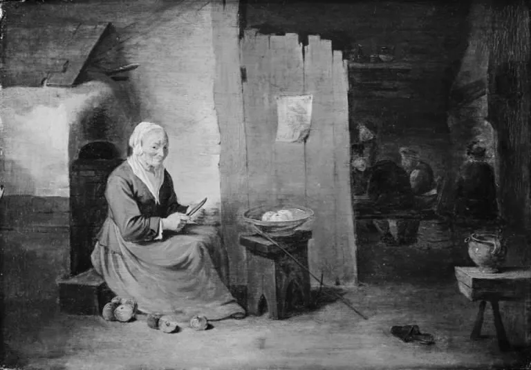 Interior of a Peasant's Cottage with an Old Woman Peeling Apples, by Juliaen Teniers, unspecified, 1648