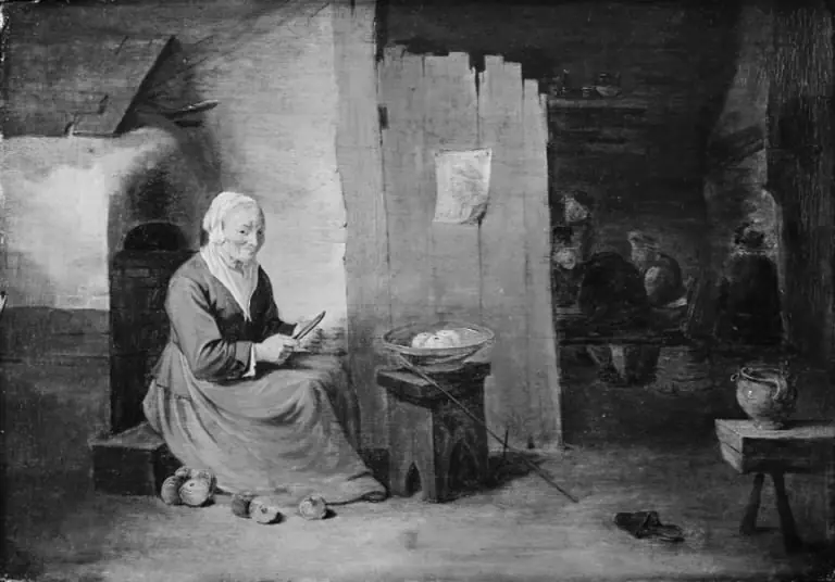 Interior of a Peasant's Cottage with an Old Woman Peeling Apples, by Juliaen Teniers