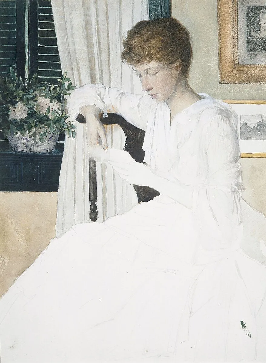 Anna Dwight Weir Reading a Letter, by Julian Alden Weir, watercolor, 1890