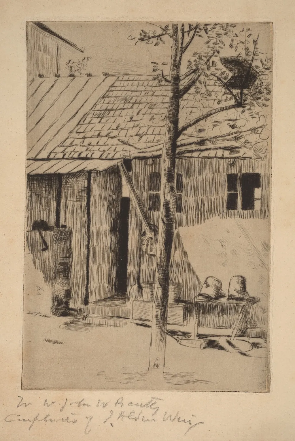 Dooryard, Buckets and Tree, by Julian Alden Weir, ink, 1886