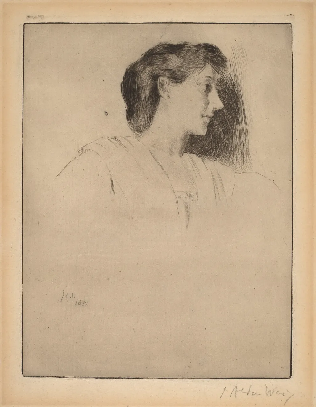 Profile Head of a Woman, by Julian Alden Weir, ink, 1890