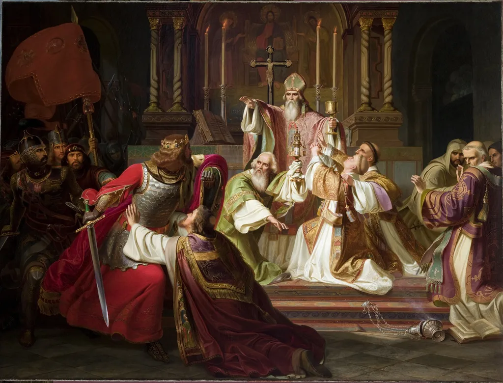Bishop Stanisław Szczepanowski Putting a Curse on King Bolesław Śmiały, by Julian Knorr, oil, 1840