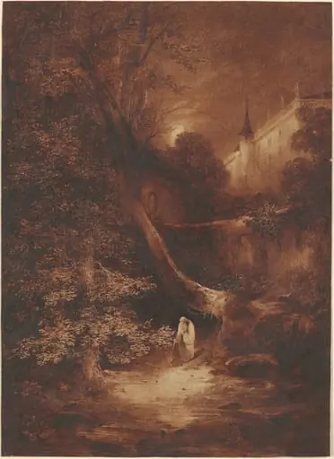 Moonlit Landscape with a Monk Walking near a Palace, by Julius Albert Elsasser
