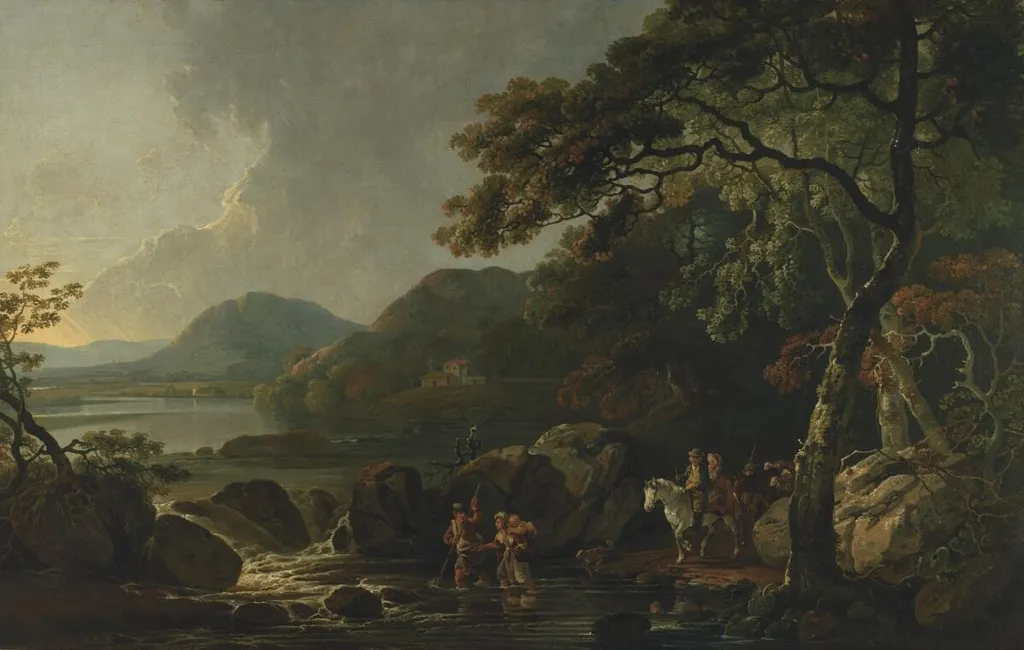 estuary scene in Scotland, by Julius Caesar Ibbetson, oil, 1796