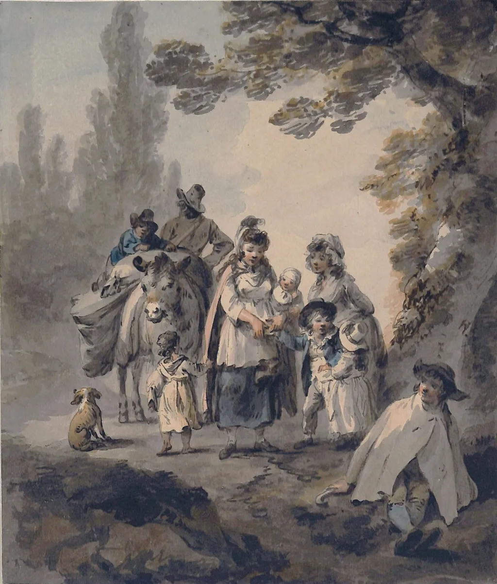 Landscape with peasants, by Julius Caesar Ibbetson, watercolor, 1750