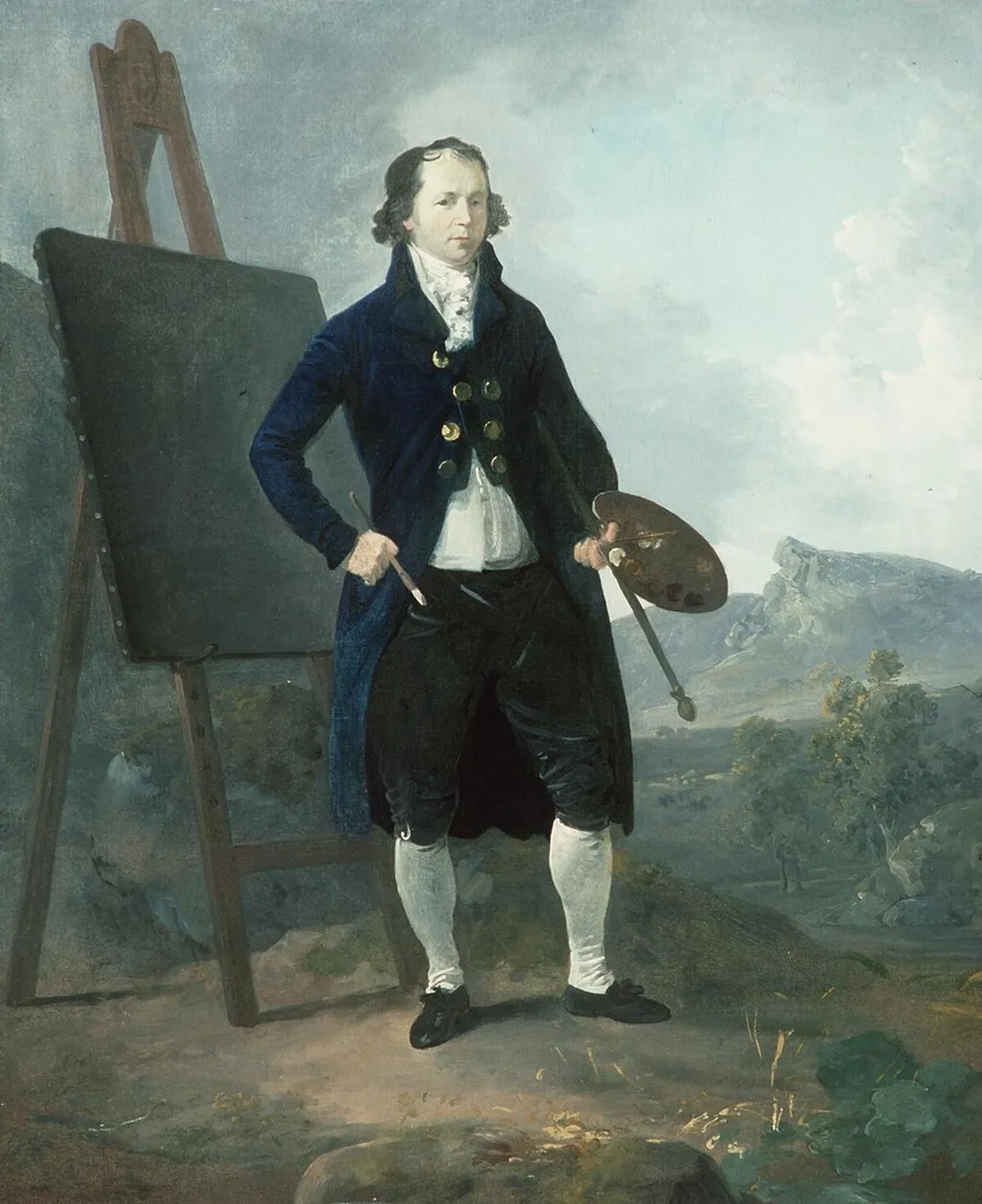 Self portrait of artist in landscape, by Julius Caesar Ibbetson, oil, 1790