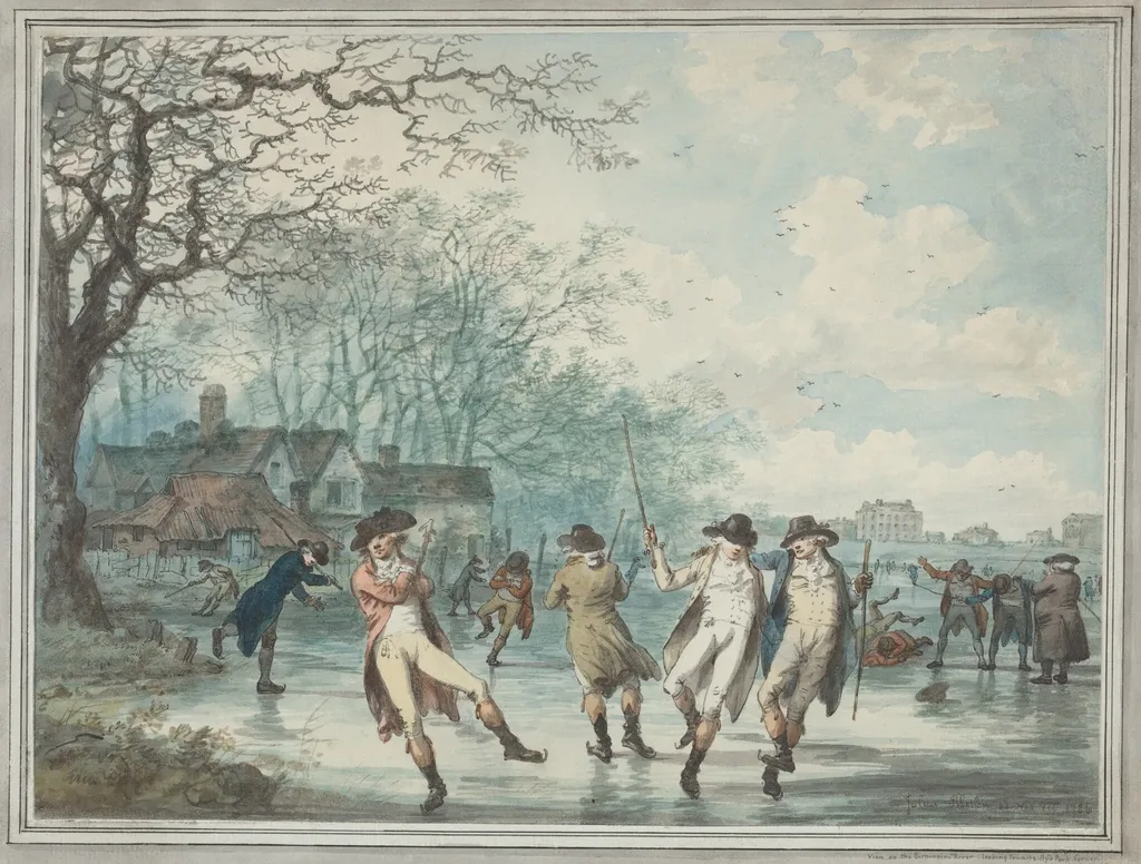 Skaters on the Serpentine in Hyde Park, by Julius Caesar Ibbetson, ink, 1786